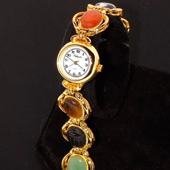 Vintage Ladies Lafayette Carved Semi-Precious Stone Scarab Mother-of-Pearl Watch - Picture 1 of 14